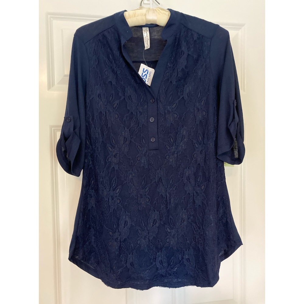 Perception Concepts Navy Blue Lace Front Blouse